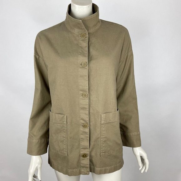 Eileen Fisher Organic Cotton Hemp Stand Collar Jacket Women PM Pockets Button-Up